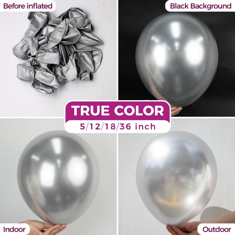 Bezente Silver Metallic Chrome Latex Balloons, 100 Pack 12 inch Silver Round Helium Balloons for New Years Wedding Anniversary Bridal Shower Birthday Engagement Party Decorations - Image 2